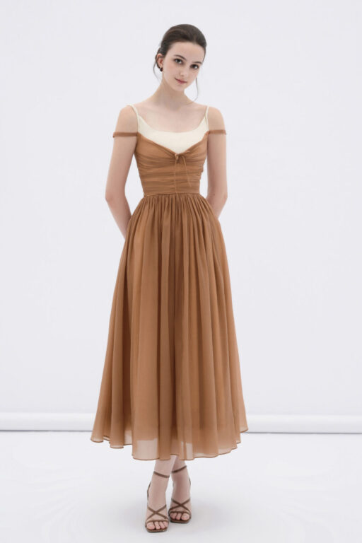 Cornish off-shoulder midi dress with ruched bodice