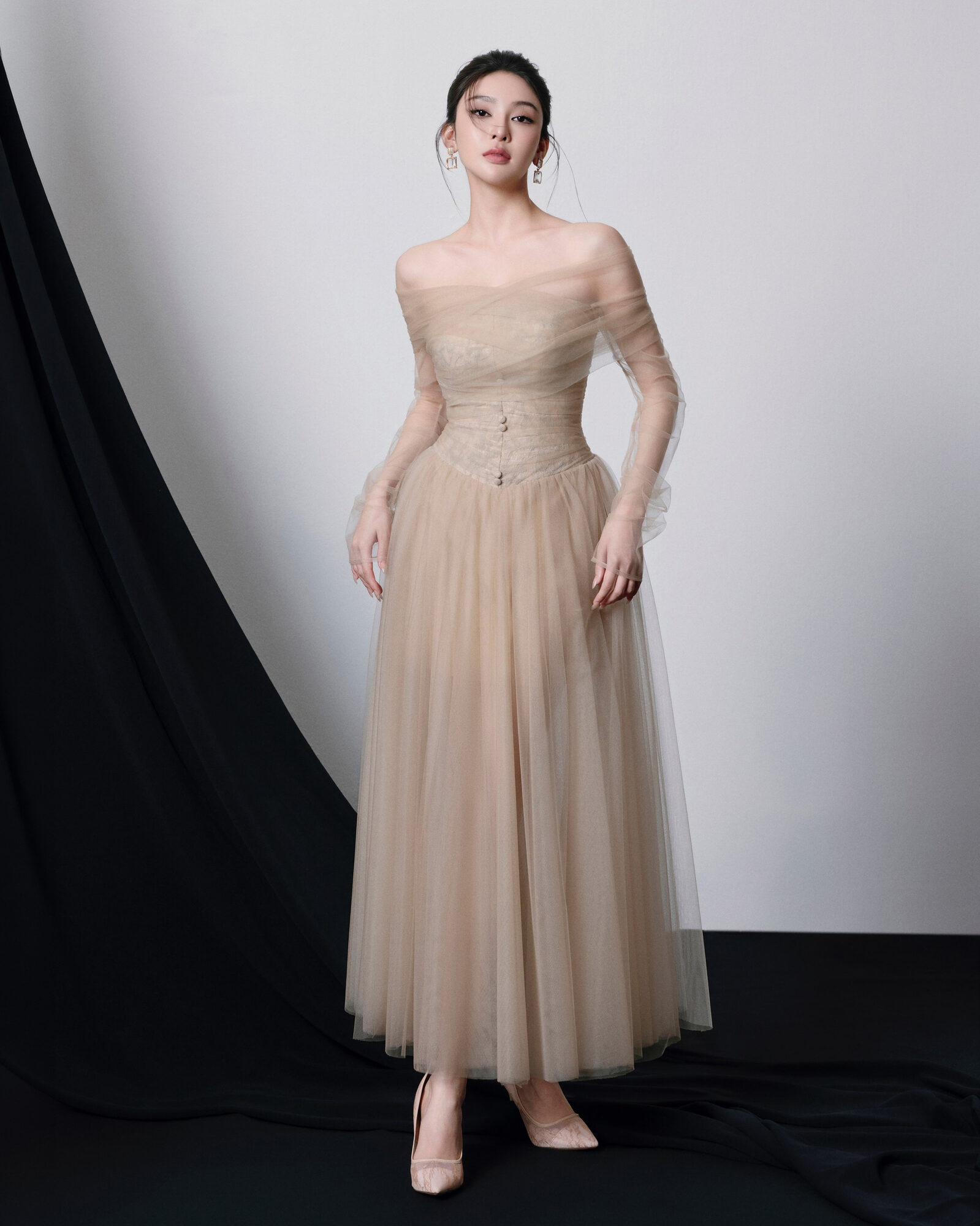 Delphi Off Shoulder Mesh Lace Maxi Dress