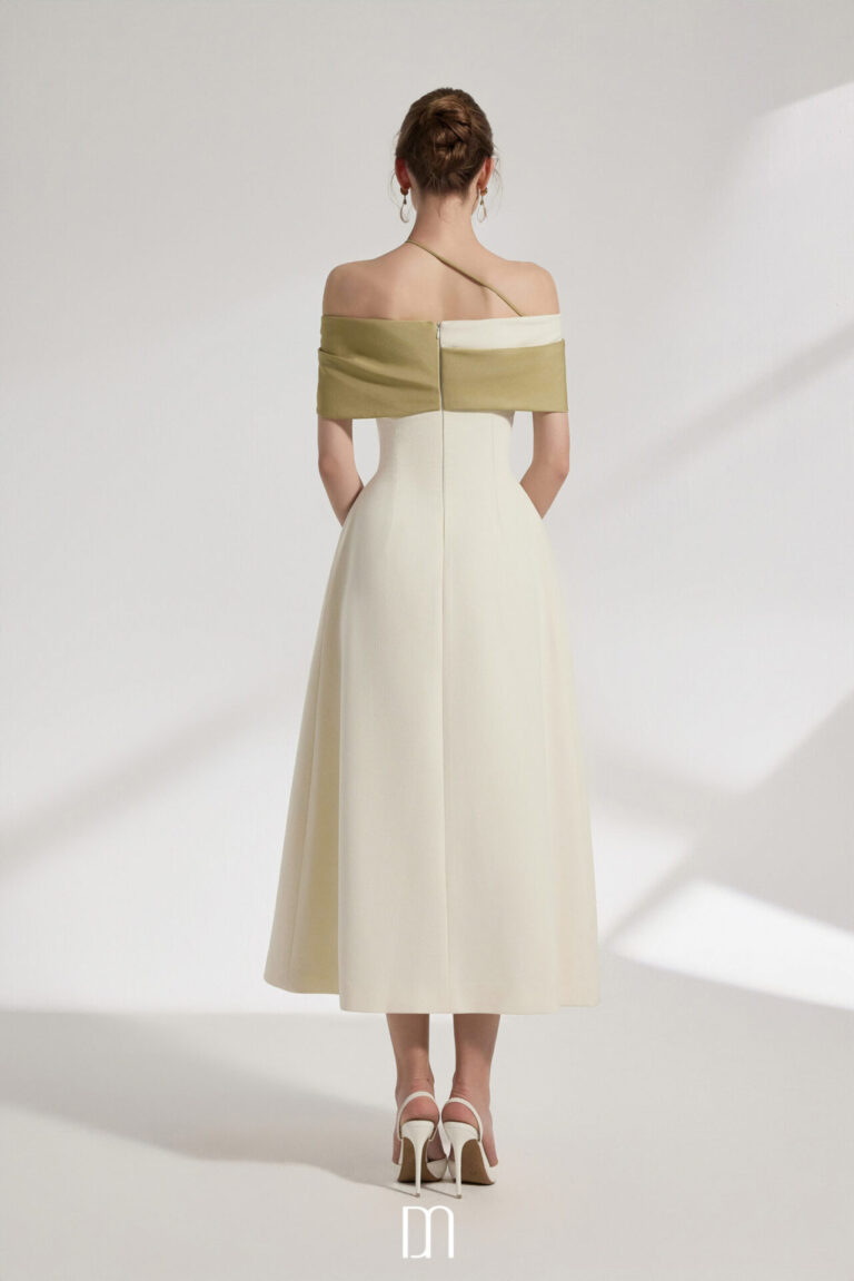 Sylva Two-tone Draping Off-shoulder Midi Dress