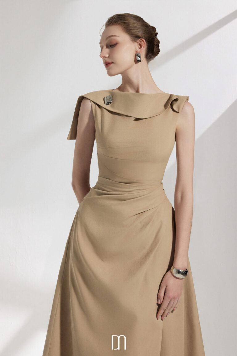Solene Flipped Collar Neckline Midi Dress