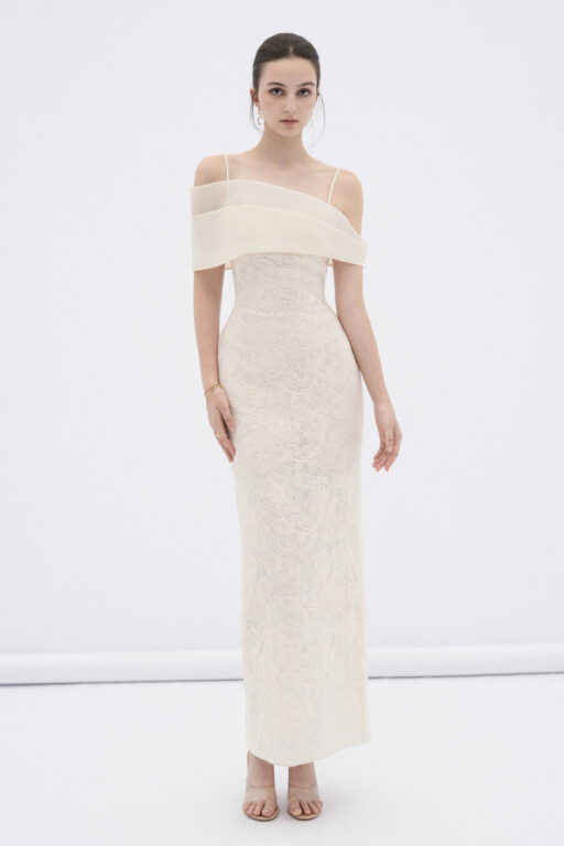 Eira lace body midi dress with sheer off-shoulder panel