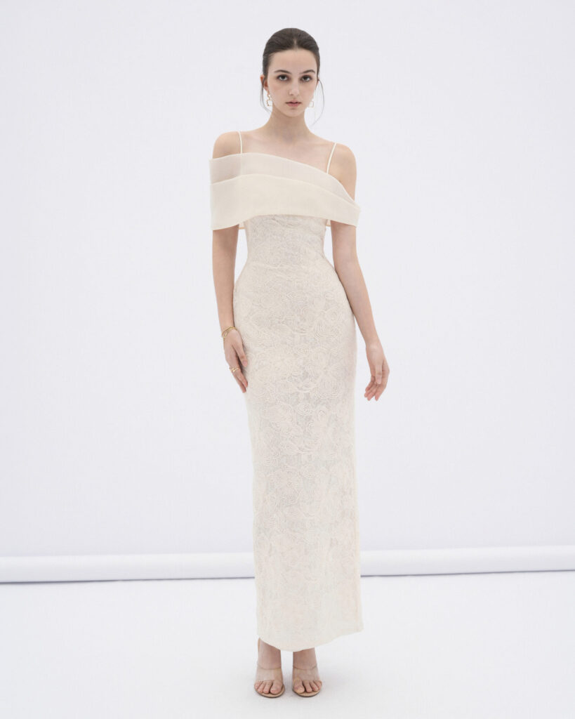 Eira lace body midi dress with sheer off-shoulder panel