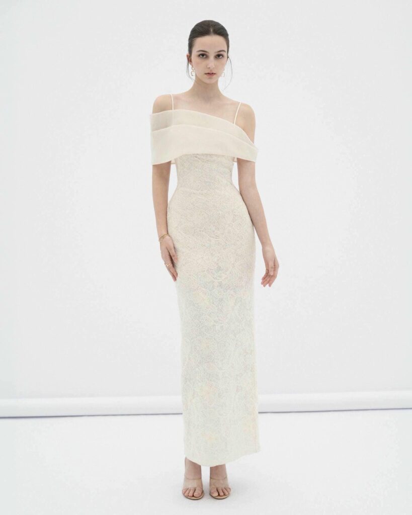 Eira lace body midi dress with sheer off-shoulder panel
