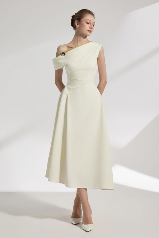 Elan Two-tone Off-shoulder A-line Midi Dress