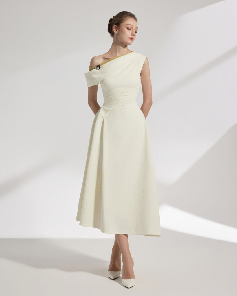 Elan Two-tone Off-shoulder A-line Midi Dress