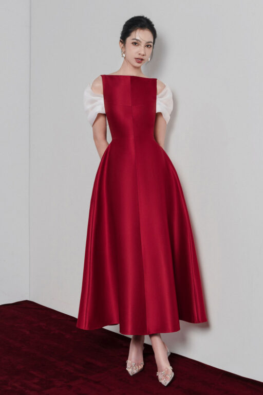 Elfa boat neck midi dress with organza sleeves