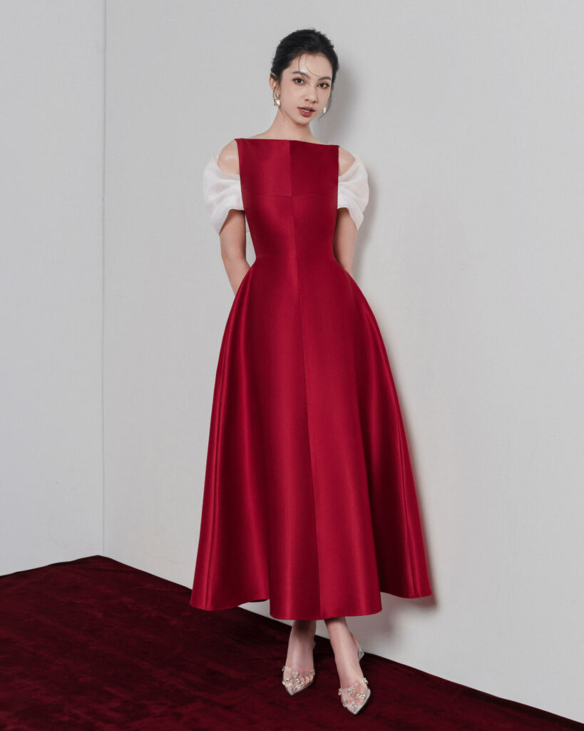 Elfa boat neck midi dress with organza sleeves