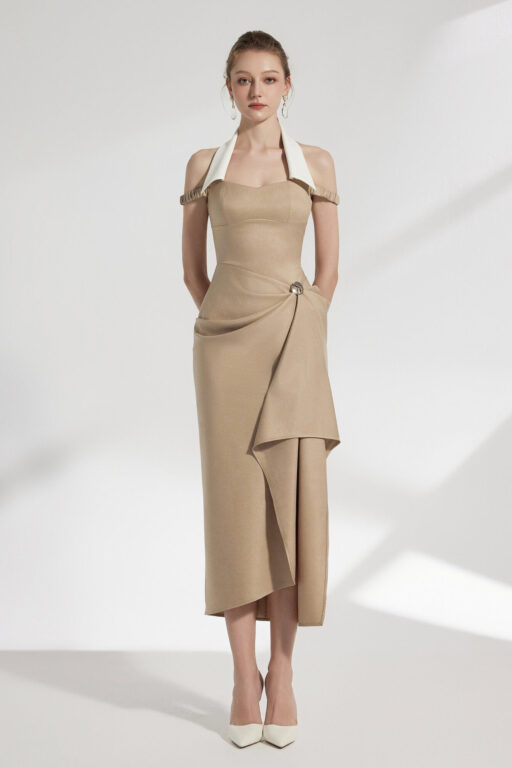 Elix Draped Midi Dress With Collared Neck