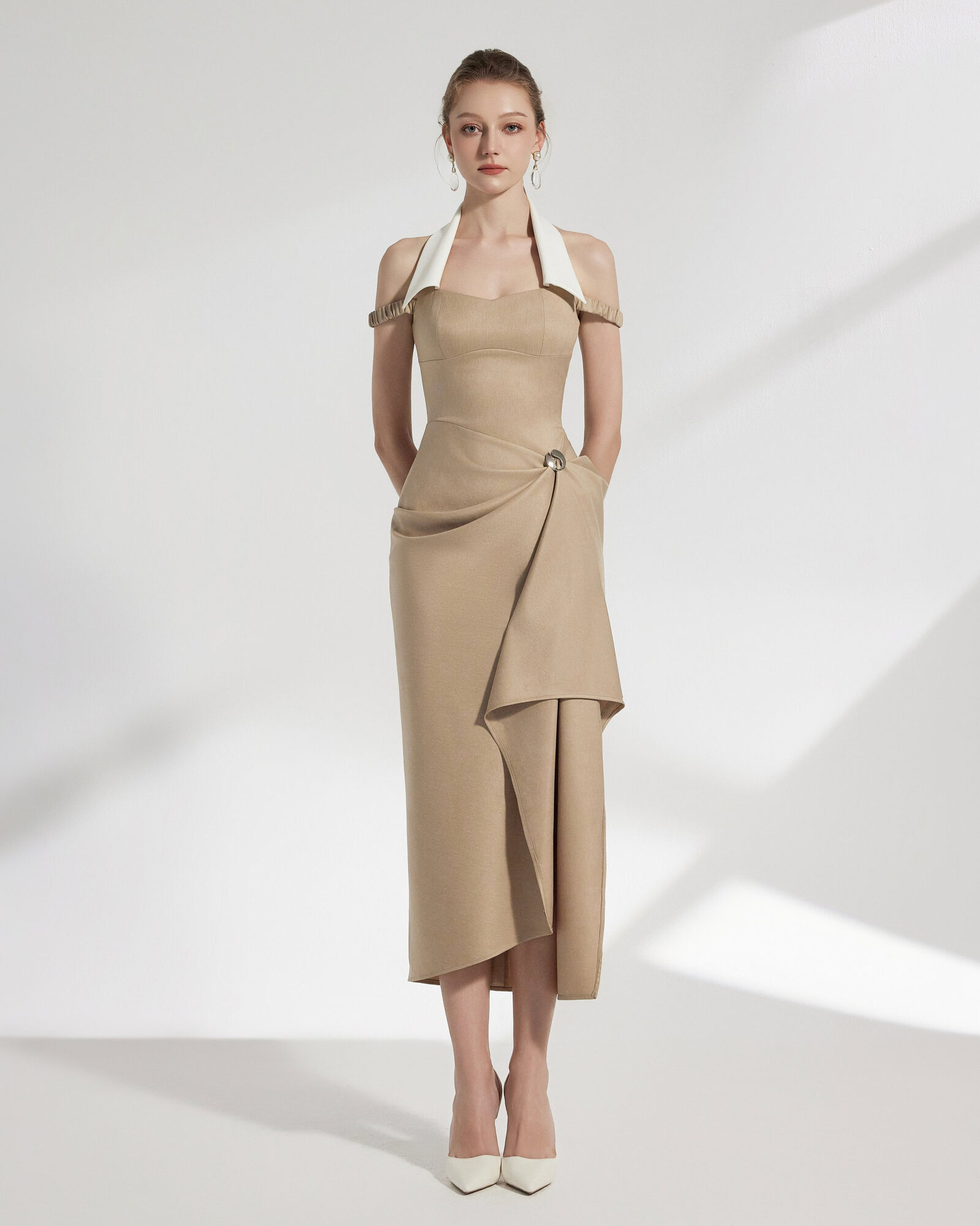 Elix Draped Midi Dress With Collared Neck