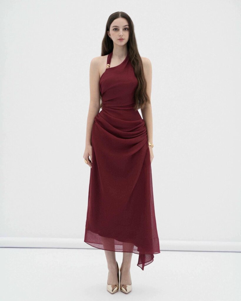 Elowen asymmetric hem midi dress with draped waist