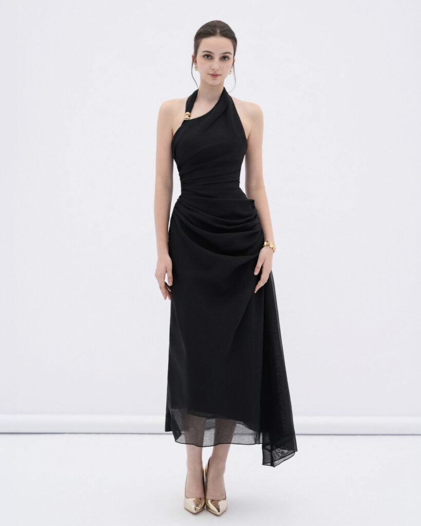 Elowen asymmetric hem midi dress with draped waist