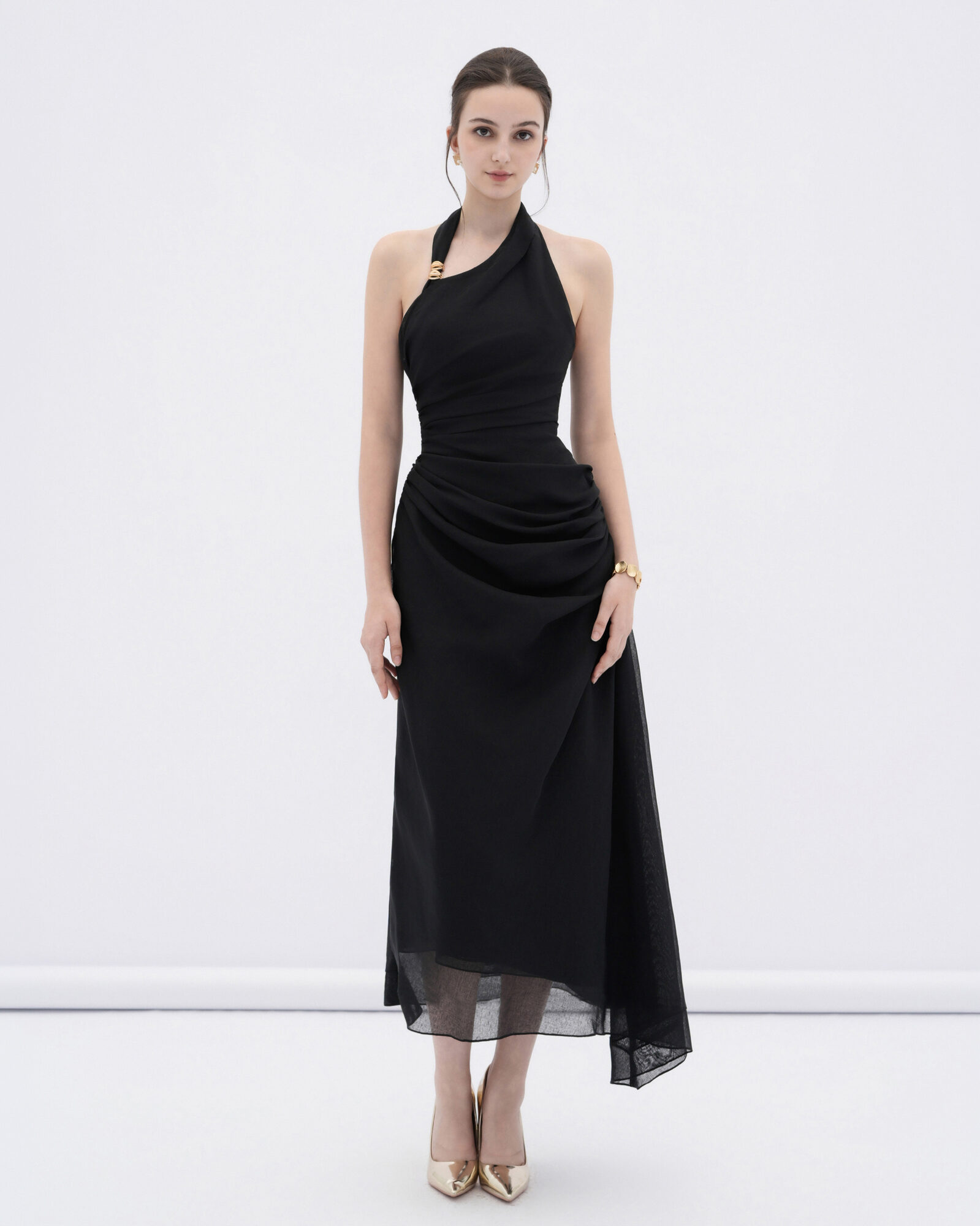 Elowen asymmetric hem midi dress with draped waist