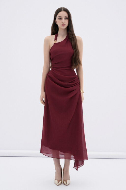 Elowen asymmetric hem midi dress with draped waist