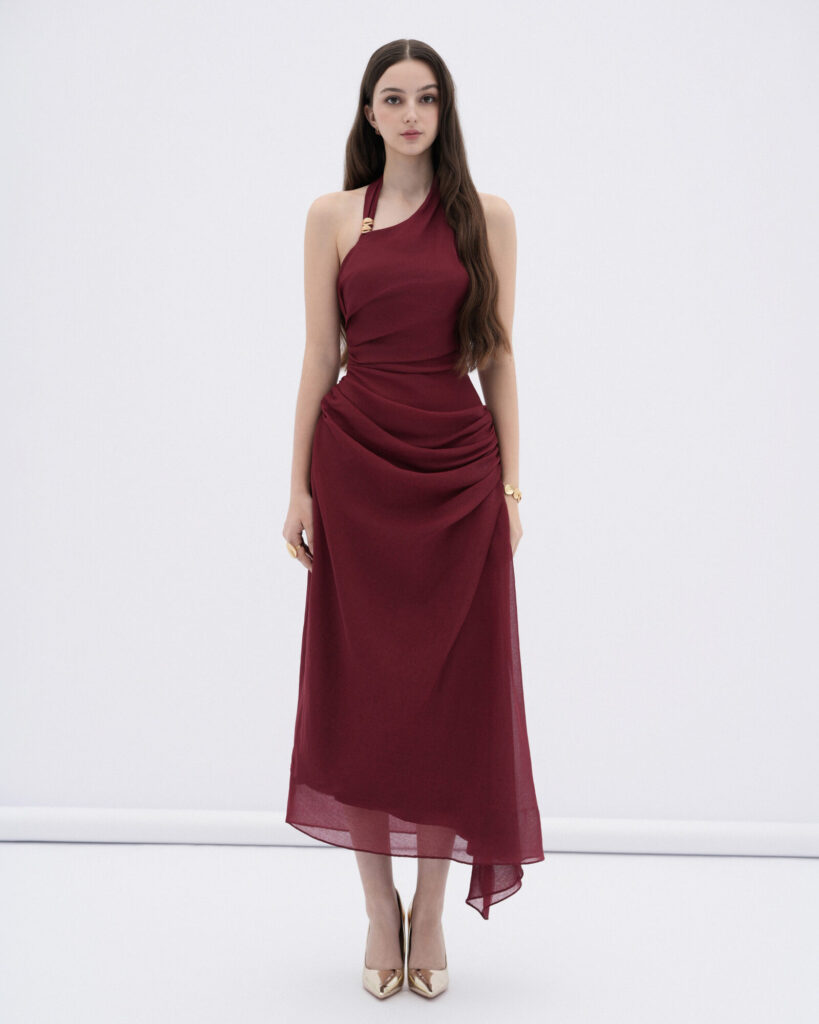 Elowen asymmetric hem midi dress with draped waist
