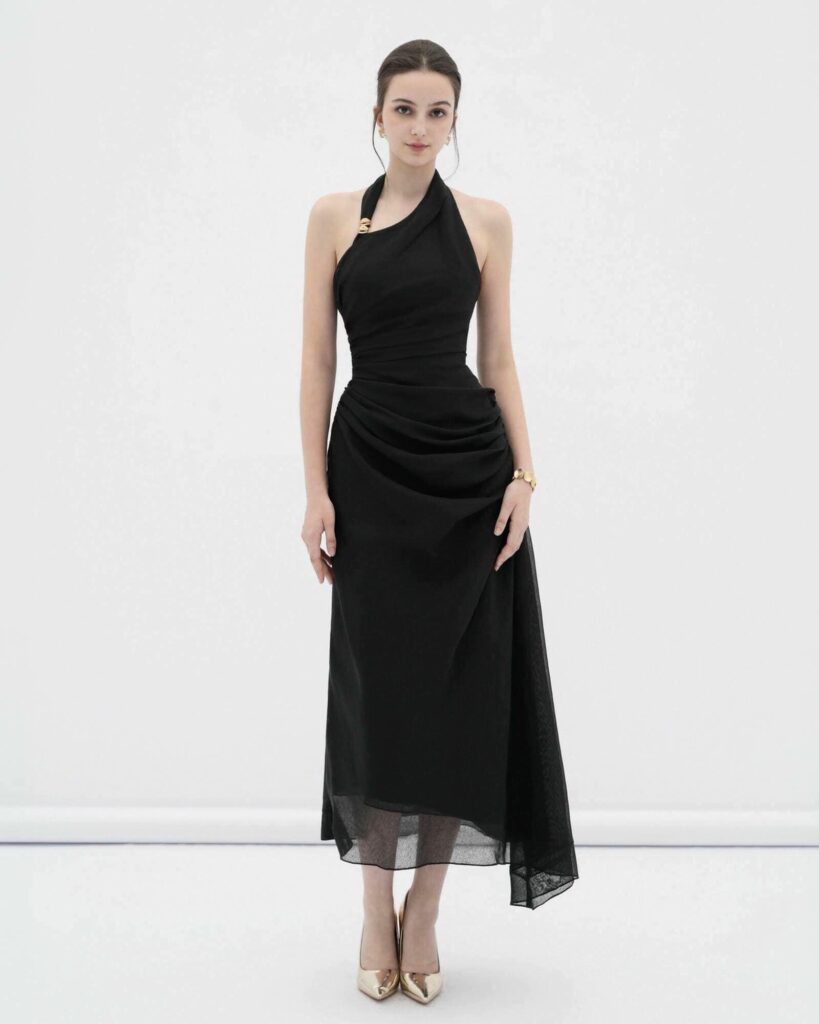 Elowen asymmetric hem midi dress with draped waist