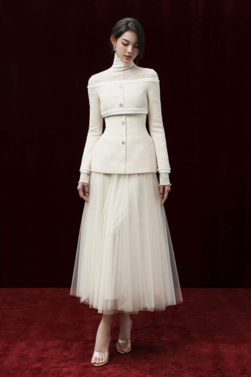 Haven off shoulder tweed top with flared sleeves Cream