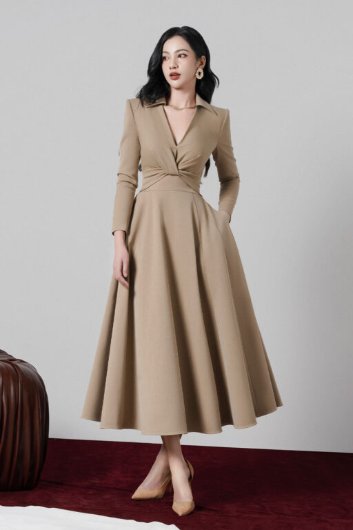 Elowyn V-neck midi shirt dress with twist waist