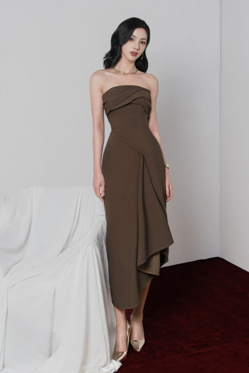 Carmen strapless midi dress with asymetric detail