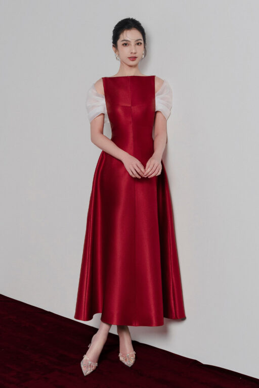 Elfa boat neck midi dress with organza sleeves