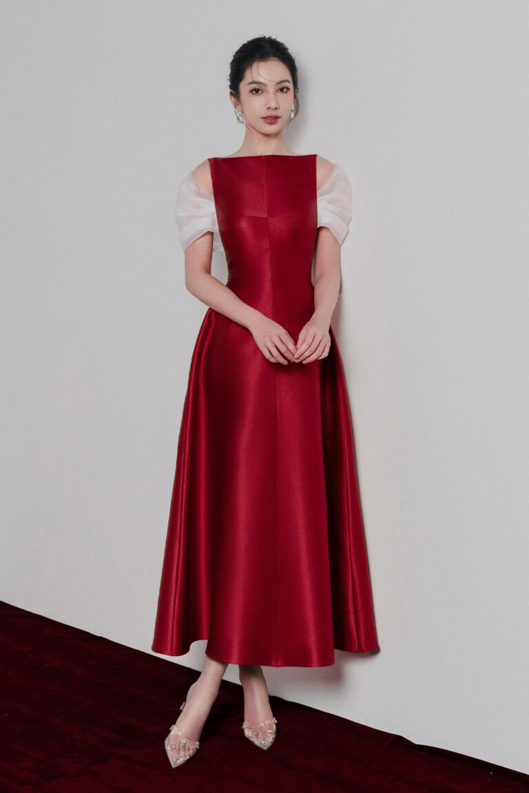 Elfa boat neck midi dress with organza sleeves