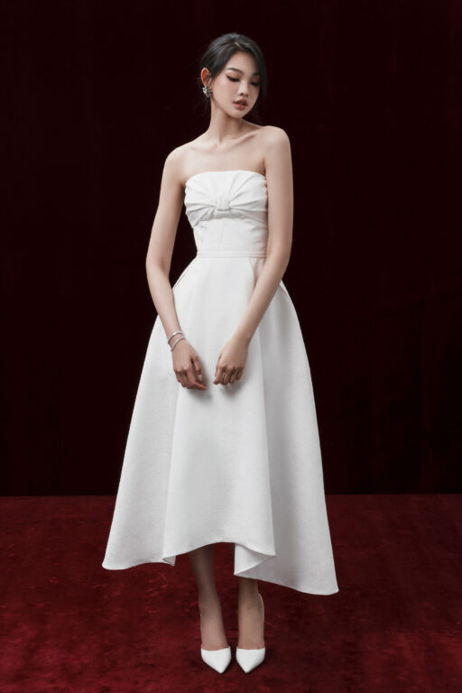 Aline strapless midi dress with faux bow ruffles