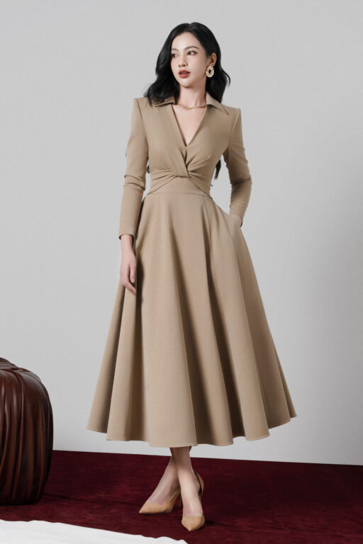 Elowyn V-neck midi shirt dress with twist waist