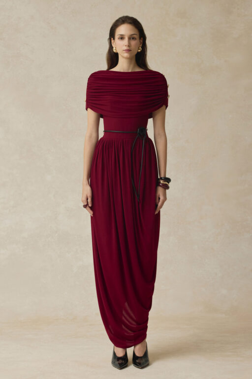 Elyra Ruched Boat Neckline Midi Dress With Draped Skirt