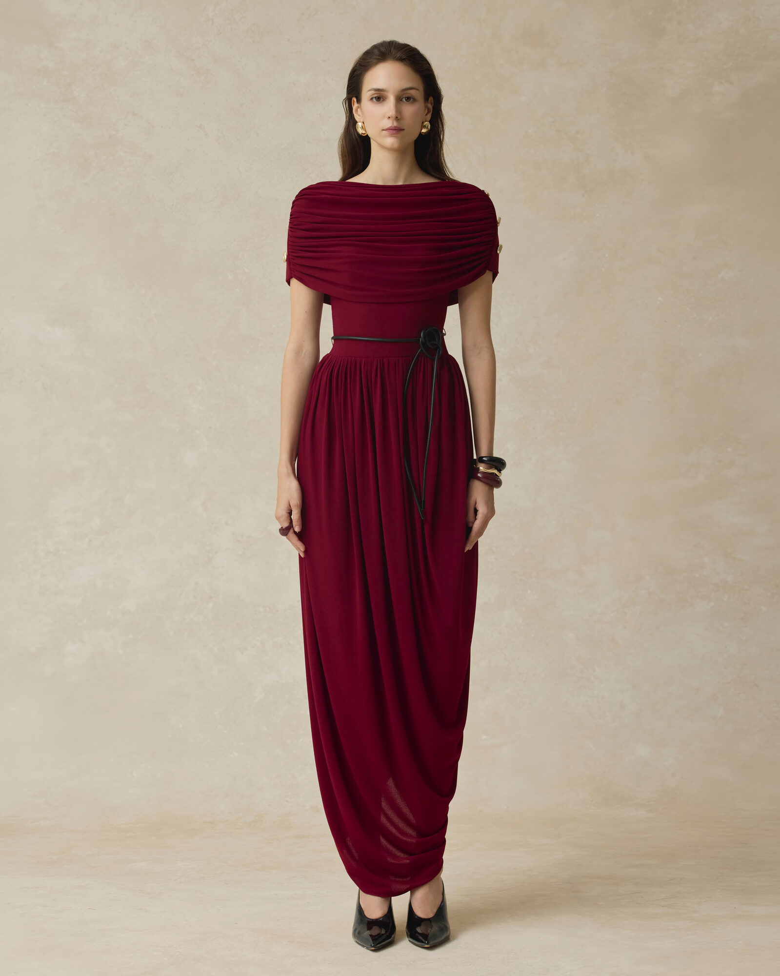 Elyra Ruched Boat Neckline Midi Dress With Draped Skirt