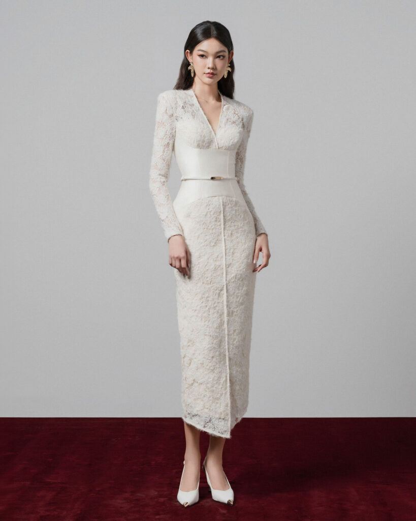 Gaia lace pencil dress with corset detail