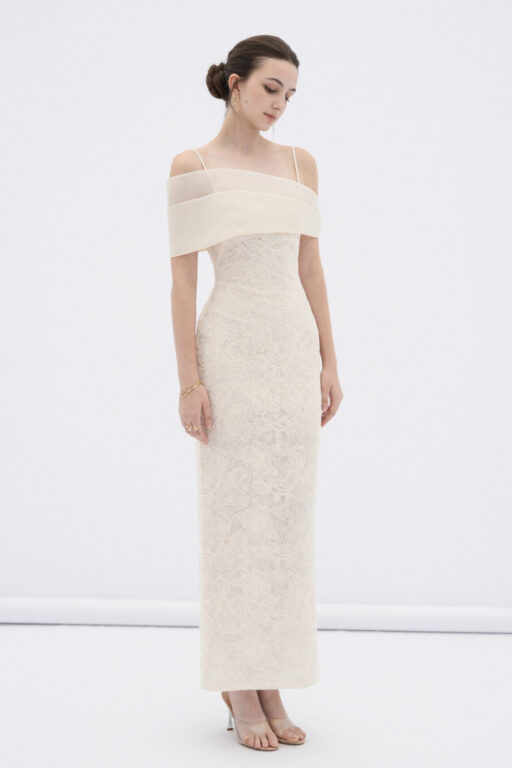 Eira lace body midi dress with sheer off-shoulder panel