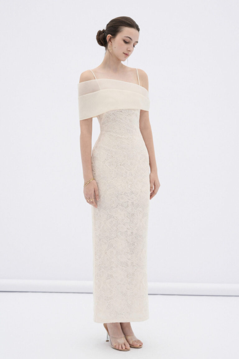 Eira lace body midi dress with sheer off-shoulder panel