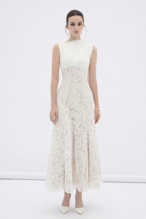 Velin lace midi dress with draped silk neck