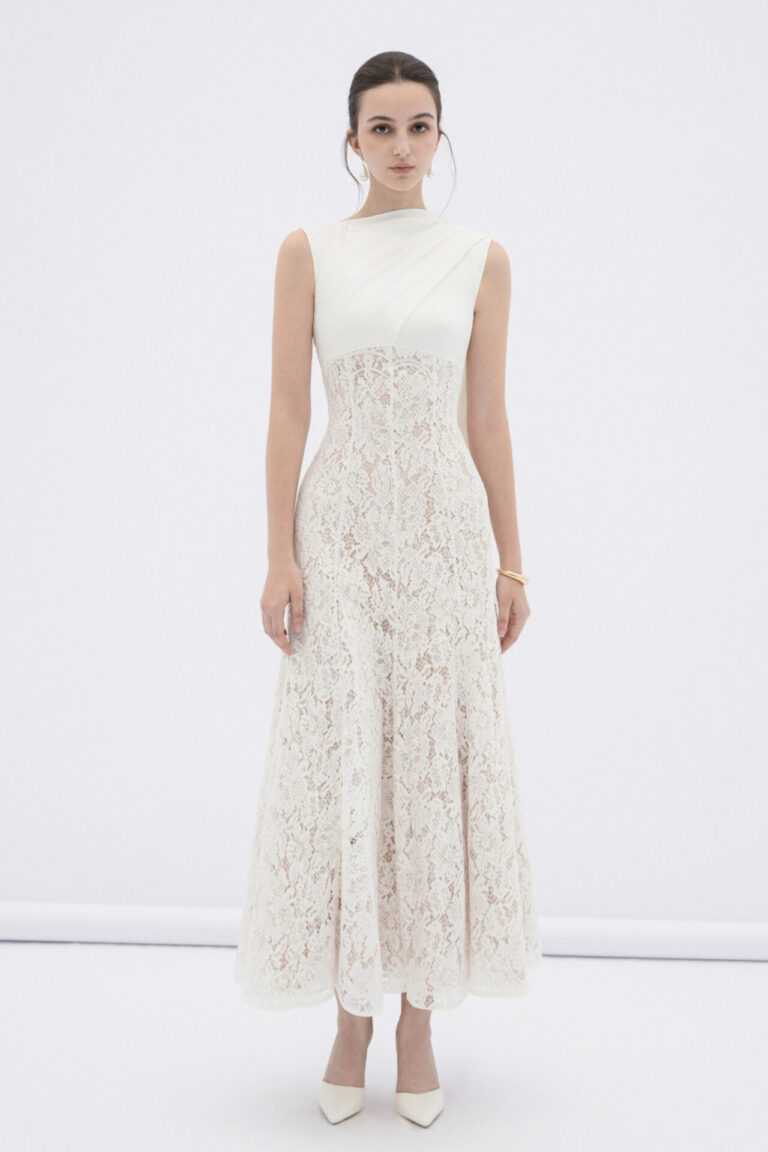 Velin lace midi dress with draped silk neck