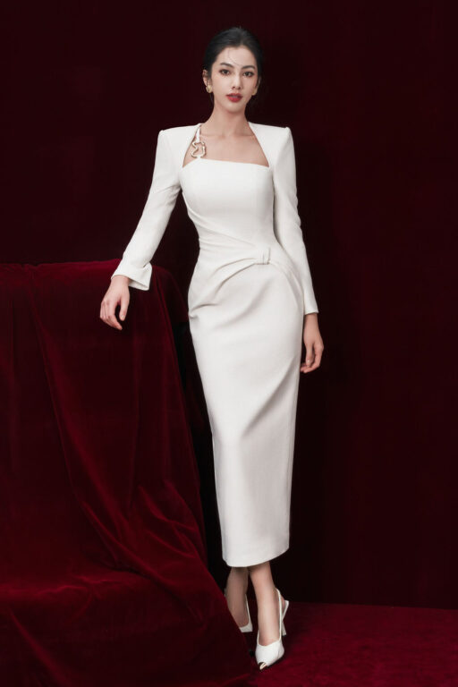 Jade twist- hip white tex midi dress