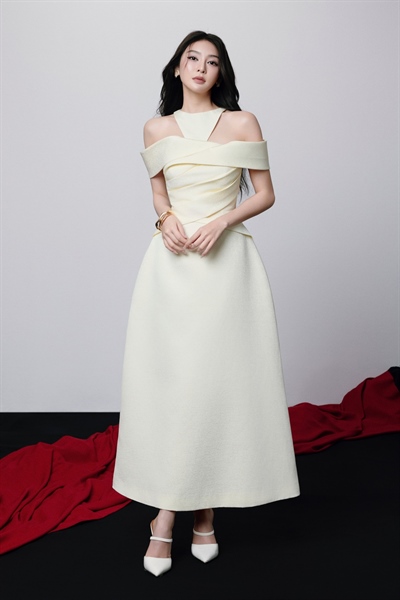 rene off shoulder jacquard dress