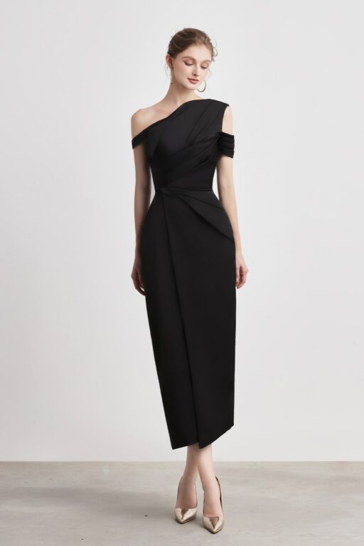 Bauhinia Pleated Shoulder Pencil Dress Black