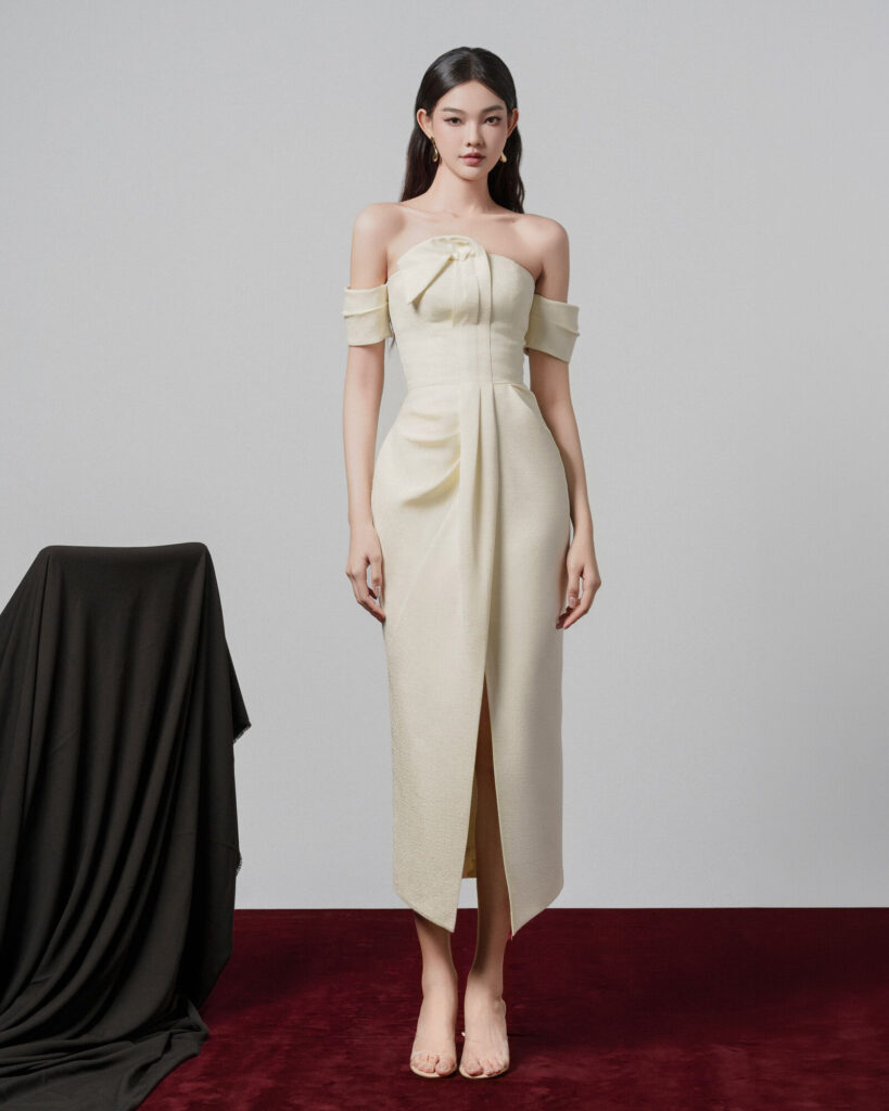 Magot drapping off shoulder pencil dress