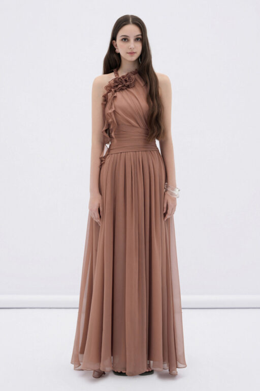 Mireille halter neck maxi dress with flower ruffles