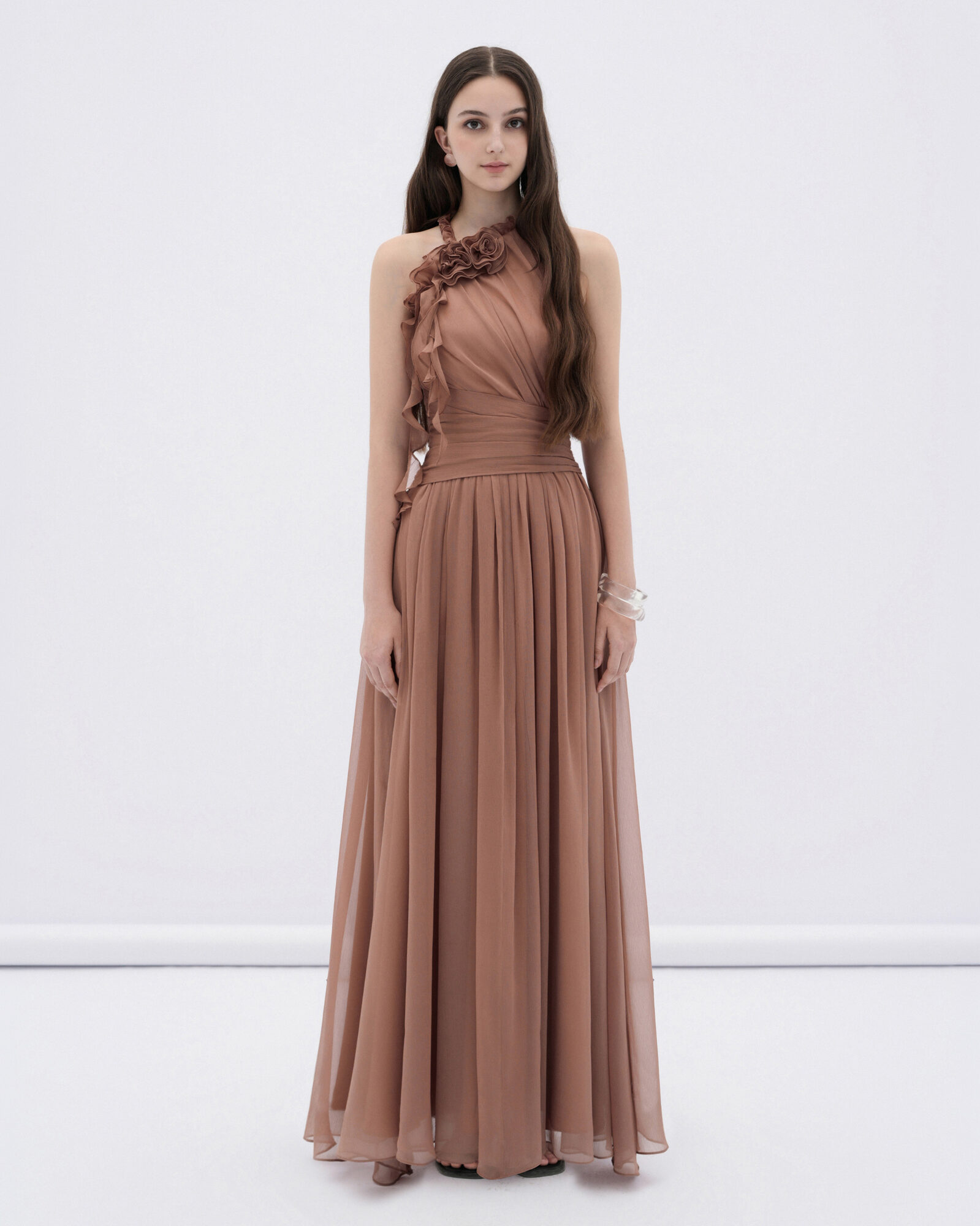 Mireille halter neck maxi dress with flower ruffles