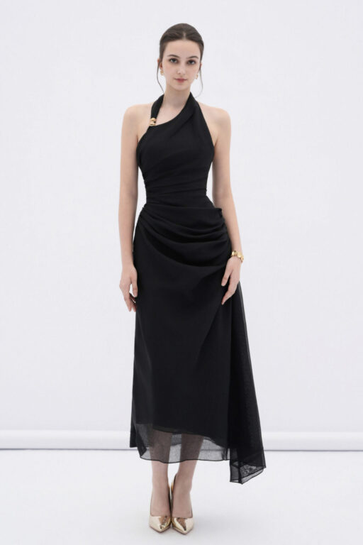 Elowen asymmetric hem midi dress with draped waist