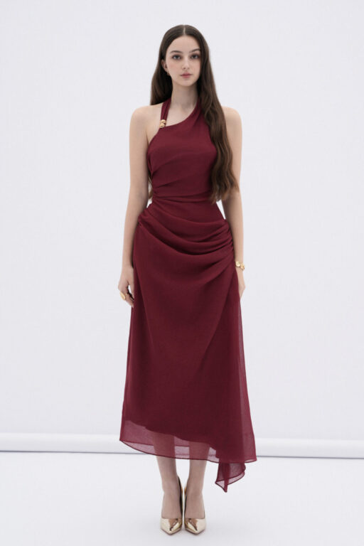 Elowen asymmetric hem midi dress with draped waist