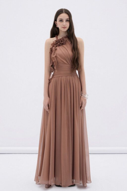 Mireille halter neck maxi dress with flower ruffles