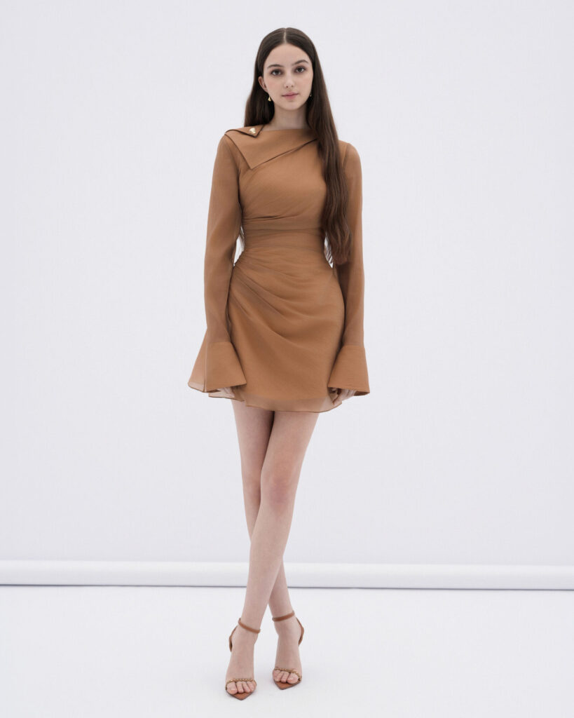 Roux asymmetric neckline mini dress with long sleeves