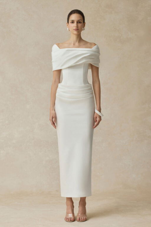 Solara Bodycon Midi Dress With Shoulder-Hip Draping