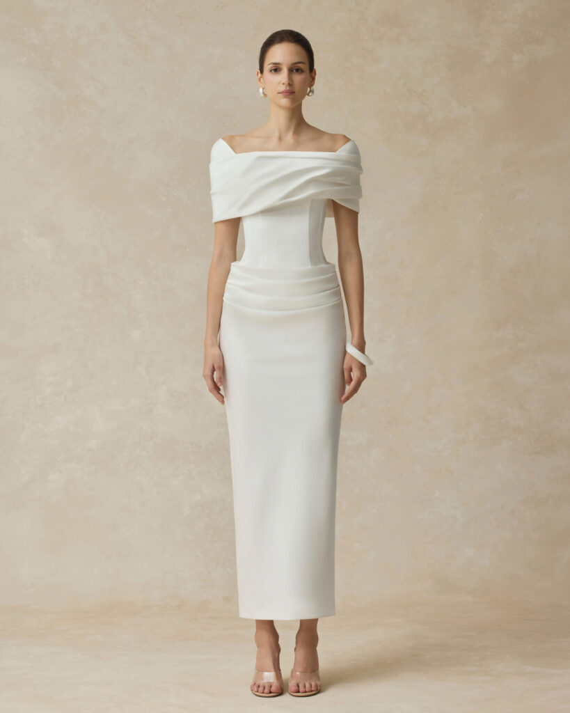Solara Bodycon Midi Dress With Shoulder-Hip Draping
