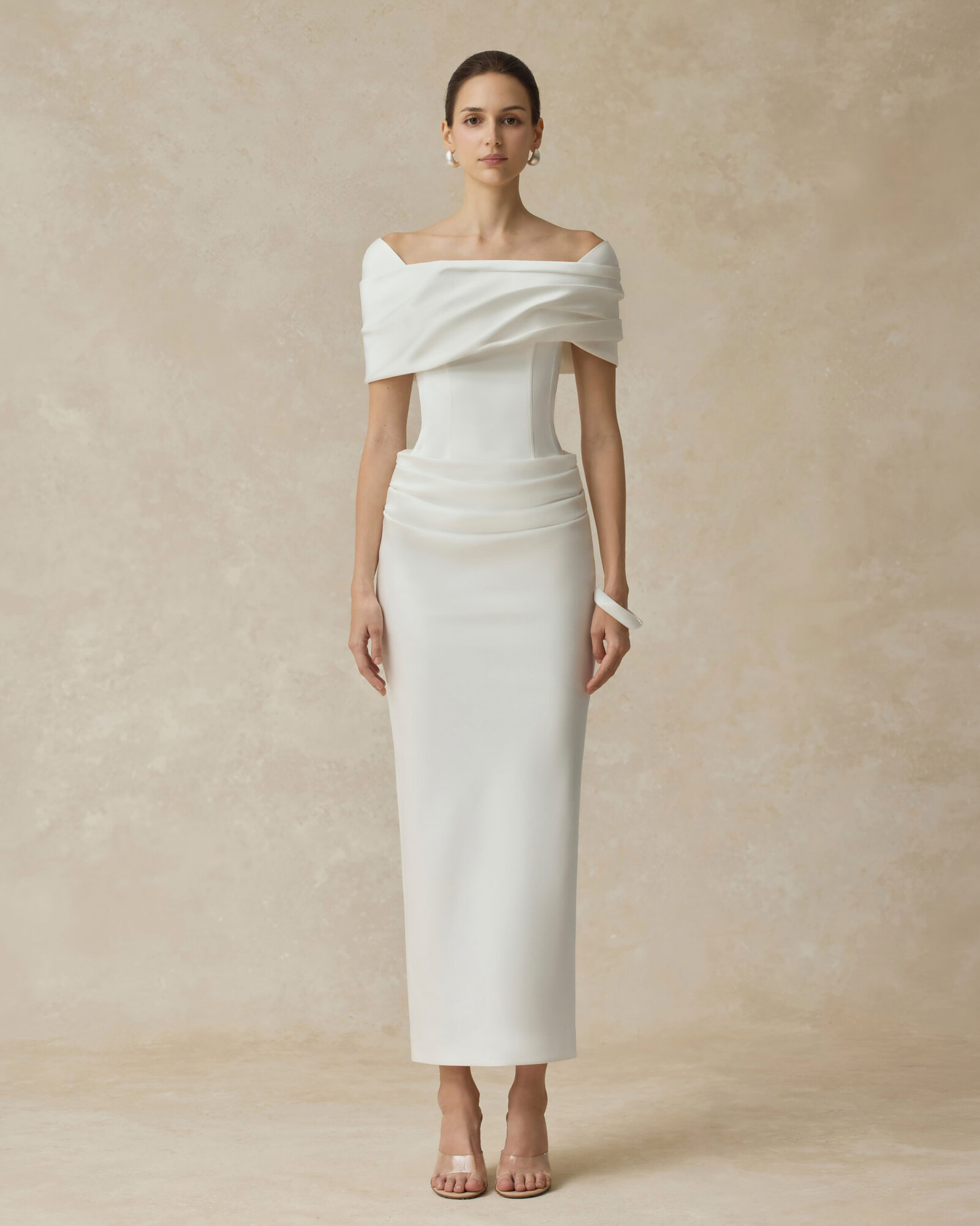 Solara Bodycon Midi Dress With Shoulder-Hip Draping