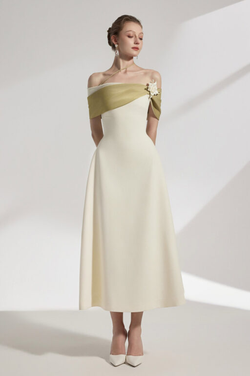 Sylva Two-tone Draping Off-shoulder Midi Dress