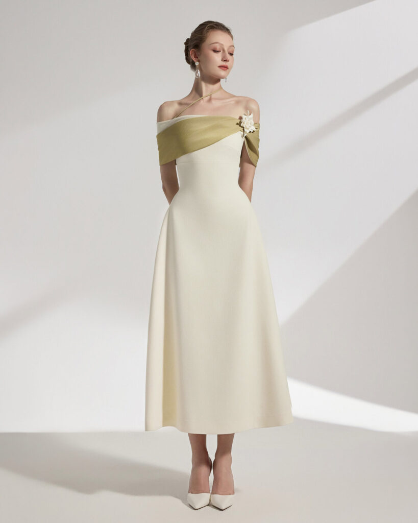 Sylva Two-tone Draping Off-shoulder Midi Dress