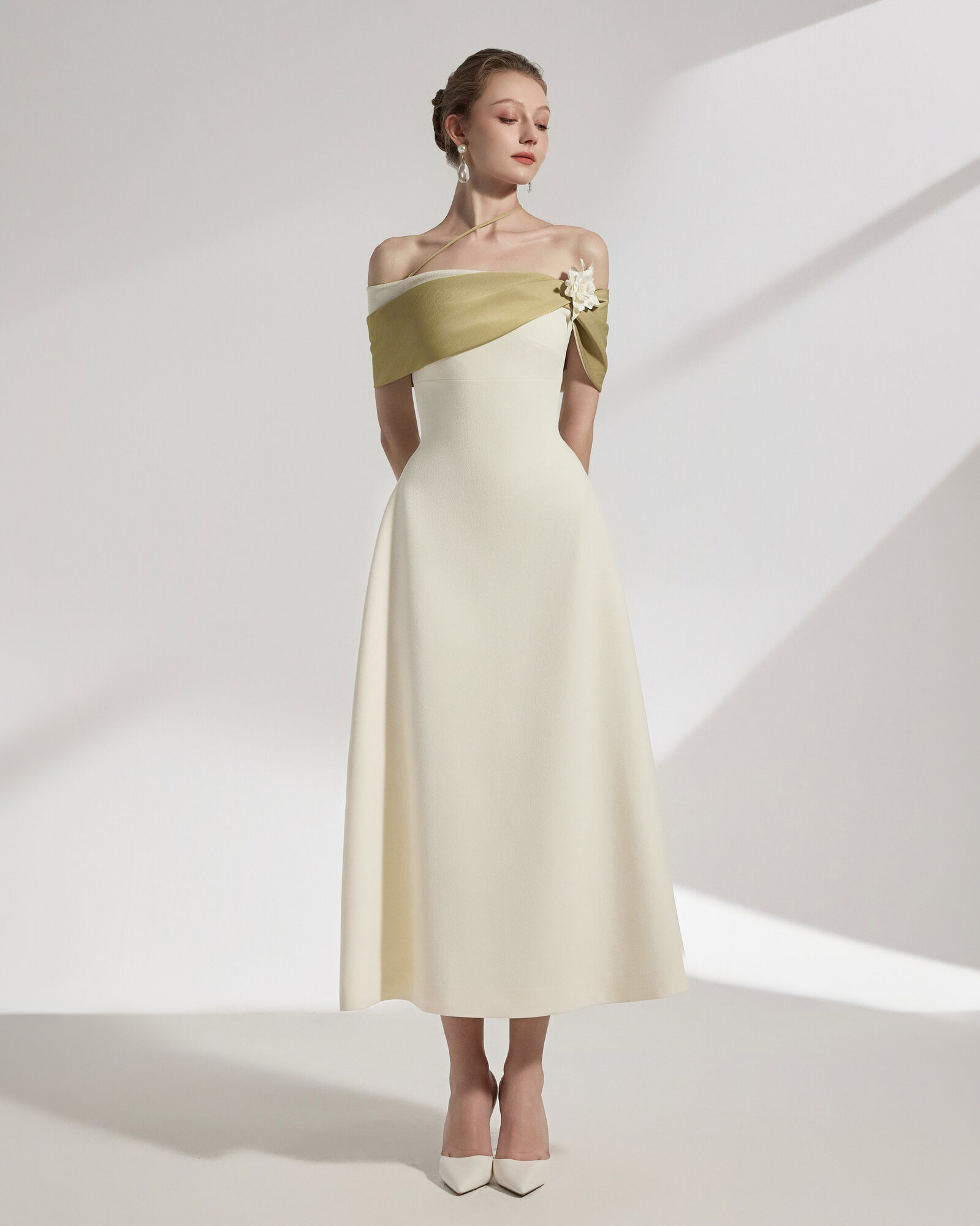 Sylva Two-tone Draping Off-shoulder Midi Dress