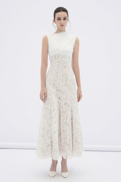 Velin lace midi dress with draped silk neck